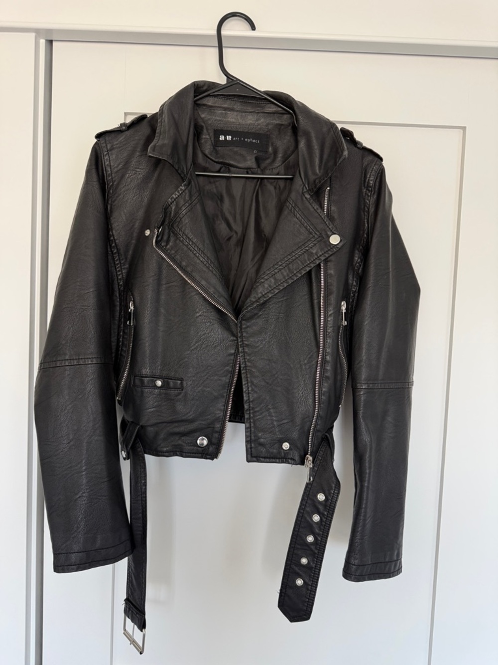AB Studio Black Faux Leather Biker Jacket with Belt
